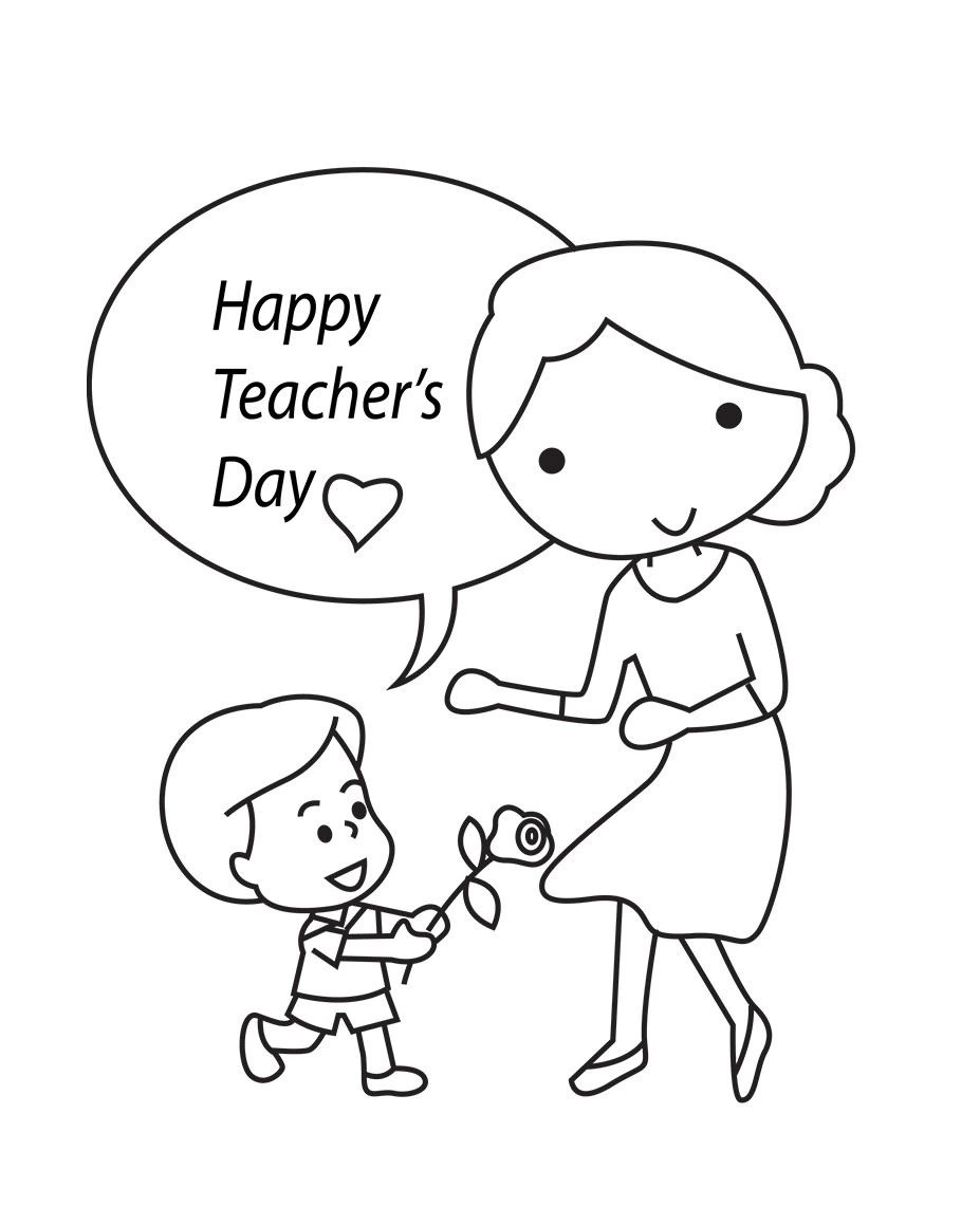 Kolorowanka chłopczyk biegnie z różą do swojej nauczycielki